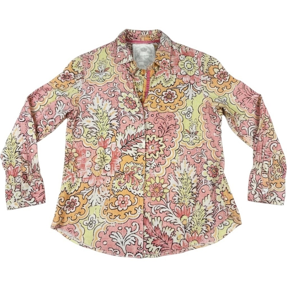Bechino Italy Floral Button Front Blouse Women's Small Pink Orange Boho Peasant